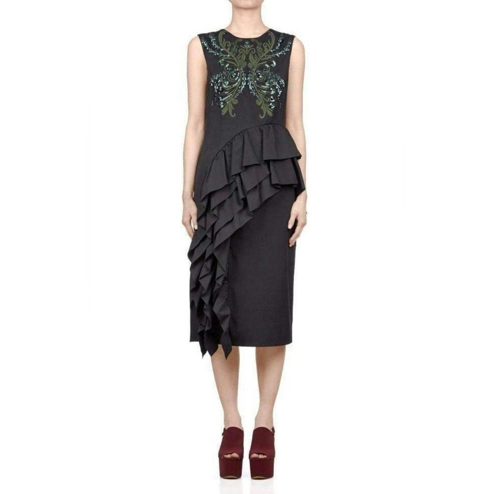 Dries Van Noten Darrel Embroidered Ruffle Sheath Midi Dress Sz 40 Black Sequin